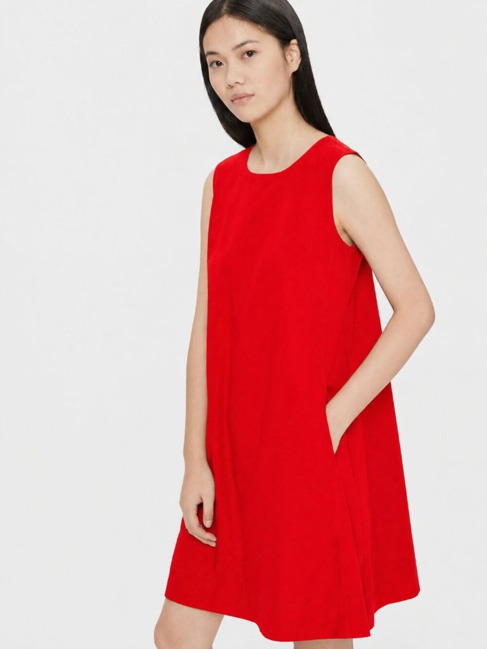 EILEEN FISHER Red Stretch Organic Cotton Poplin A-Line Swing Dress, Size M
